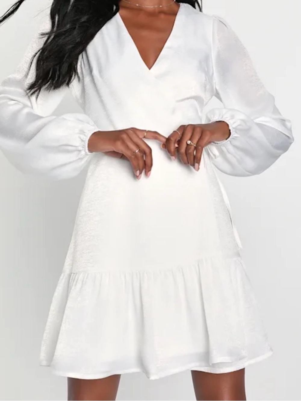 Lulus Elegant White Satin Long Sleeve Wrap Dress